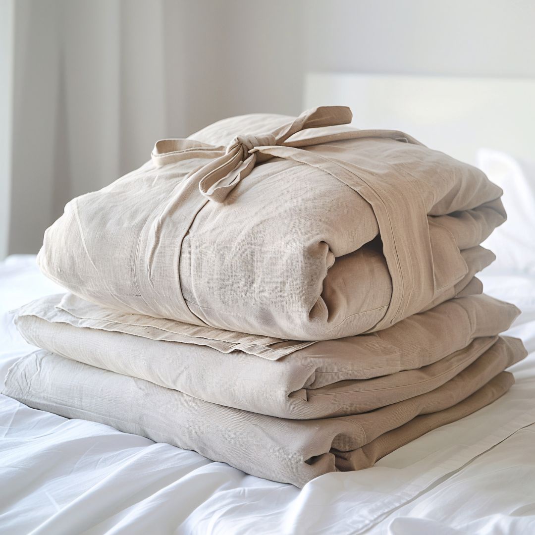 Neatly folded neutral-toned bed linens professionally cleaned by Charleston Prestige Cleaners linen cleaning service in the Low Country.